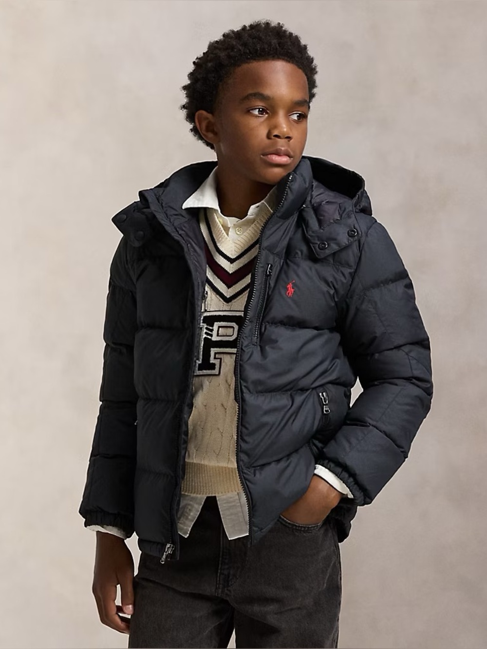 Polo Ralph Lauren Boys Ripstop Down Hooded Jacket - Black SIZE:5 MSRP $185